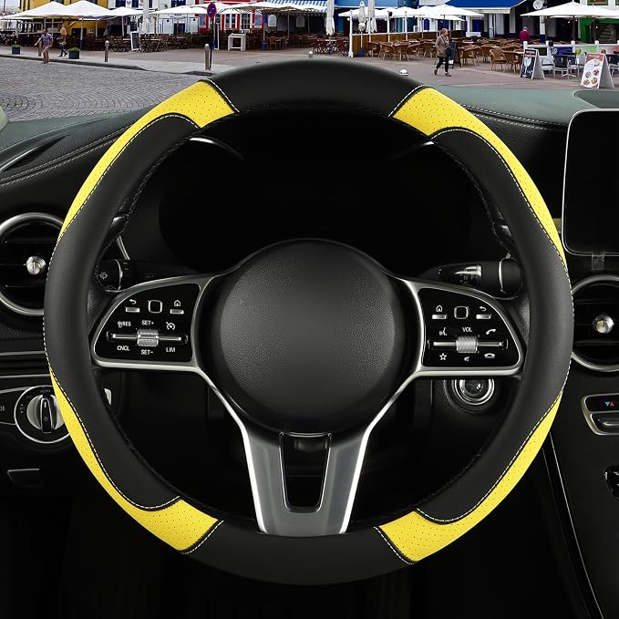 Microfiber Leather Steering Wheel Cover, Breathable, Anti Slip, 13.5 inch to 14 inch, Black with Yellow