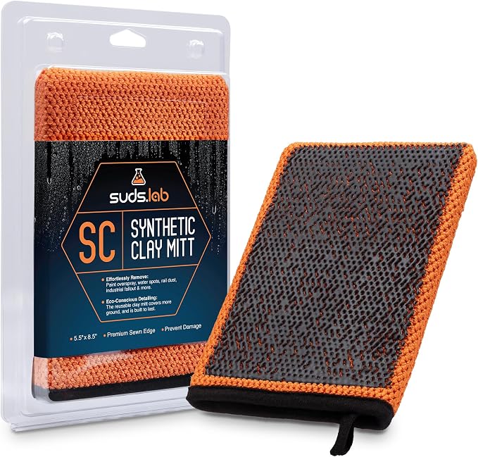 Suds Lab SC Synthetic Clay Mitt for Car Detailing – Reusable Clay Bar Mitt to Remove Paint Overspray, Water Spots, Tree Sap & Rail Dust from Paint, Glass & Plastic