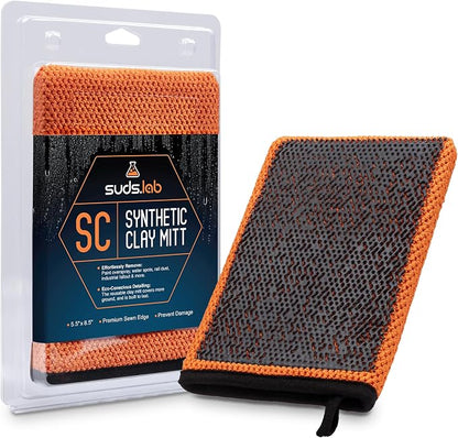 Suds Lab SC Synthetic Clay Mitt for Car Detailing – Reusable Clay Bar Mitt to Remove Paint Overspray, Water Spots, Tree Sap & Rail Dust from Paint, Glass & Plastic