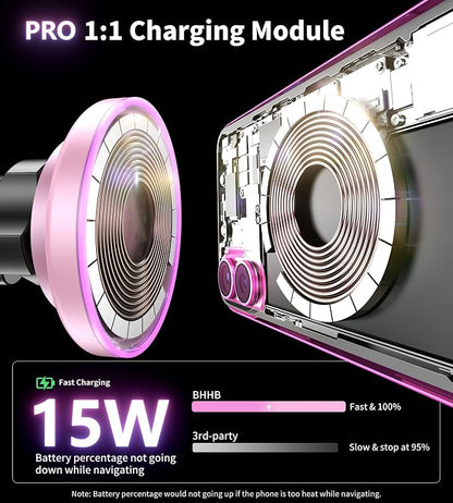 BHHB for Magsafe Car Mount Charger, [2026 Upgrade] 15W 2in1 Magnetic Wireless Car Charger, for Magsafe Car Charger, Vent/Dashboard Phone Holder, ONLY for iPhone 17 16 15 14 13 12 Series (Pink)