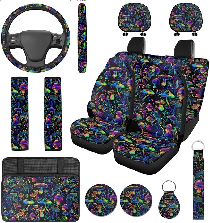 Trippy Mushroom Car Seat Covers Full Set with Steering Wheel Cover Armrest Cushion Protector Seat Belt Covers,Auto Accessories Universal Fit Cars SUV Trucks 14 Pcs