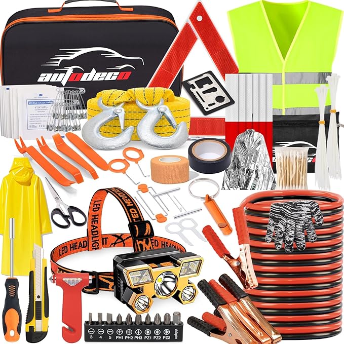 126pcs Roadside Emergency Car Kit - Auto Safety Kit Vehicle Outdoor Automotive Interior Kits with Jumper Cables