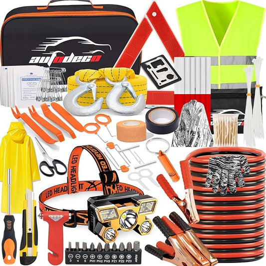 126pcs Roadside Emergency Car Kit - Auto Safety Kit Vehicle Outdoor Automotive Interior Kits with Jumper Cables