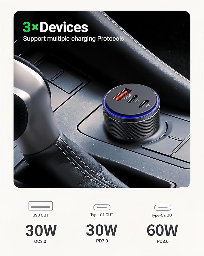 USB C Car Charger,90W 3-Port Dual USB-C & USB-A Car Power Adapter,Includes a Fast Charging Cable for iPhone 16/15/14/13/12/11/Pro Max, iPad, Samsung Galaxy, Google Pixel and Android Devices