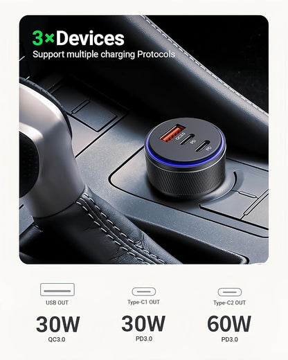 USB C Car Charger,90W 3-Port Dual USB-C & USB-A Car Power Adapter,Includes a Fast Charging Cable for iPhone 16/15/14/13/12/11/Pro Max, iPad, Samsung Galaxy, Google Pixel and Android Devices
