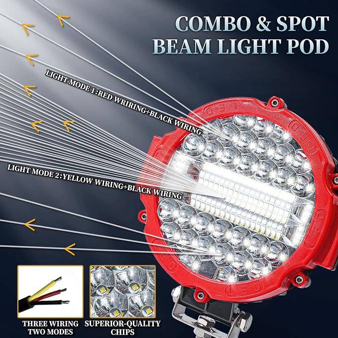 7 Inch Round Super Bright LED Off Road Lights 201W 10000LM Waterproof Combo Beam Work Light Pods, Driving Fog Lights for Truck ATV UTV SUV Pickup Tractor (PACK OF 2 RED WITH WIRING)