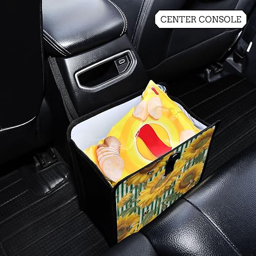 Car Trash Can Organizer Bin with Adjustable Strap for Back Front Seat Console Waterproof Leakproof Collapsible Portable 8.66 Inch Green Striped Sunflowers and Honey Bees