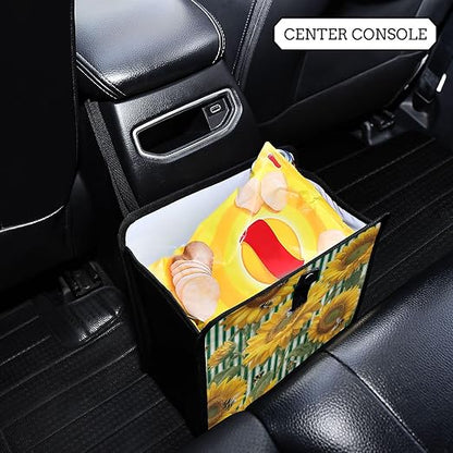 Car Trash Can Organizer Bin with Adjustable Strap for Back Front Seat Console Waterproof Leakproof Collapsible Portable 8.66 Inch Green Striped Sunflowers and Honey Bees
