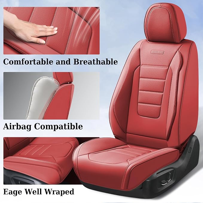 Coverado Car Seat Covers Front, Seat Covers for Cars, Waterproof Car Seat Cushions, 2-Pack Leather Carseat Seat Protectors, Universal Seat Covers Fit for Most Sedans SUV Pick-up Trucks(Red)