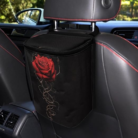BIGCARJOB Romantic Rose Leak-Proof Car Trash Bin for Back Seat,Red Rose Car Interior Accessories Waste Basket Storage for Vehicle Truck,Women Girls Travel Camping Picnic Lage Trash Can Garbage Bin