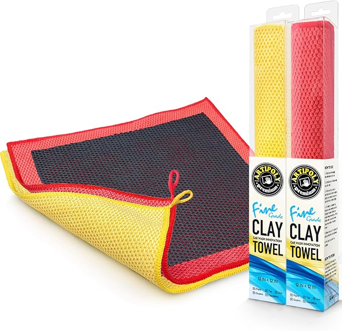 ARTIPOLY Clay Decontamination Towel 2pack- Professional Detail Products - Proven Cleaning & Release of Paint Contaminants; Increase Wax & Sealant Bond; Enhance Paint Gloss & Color; Fine Grade (12x12”)