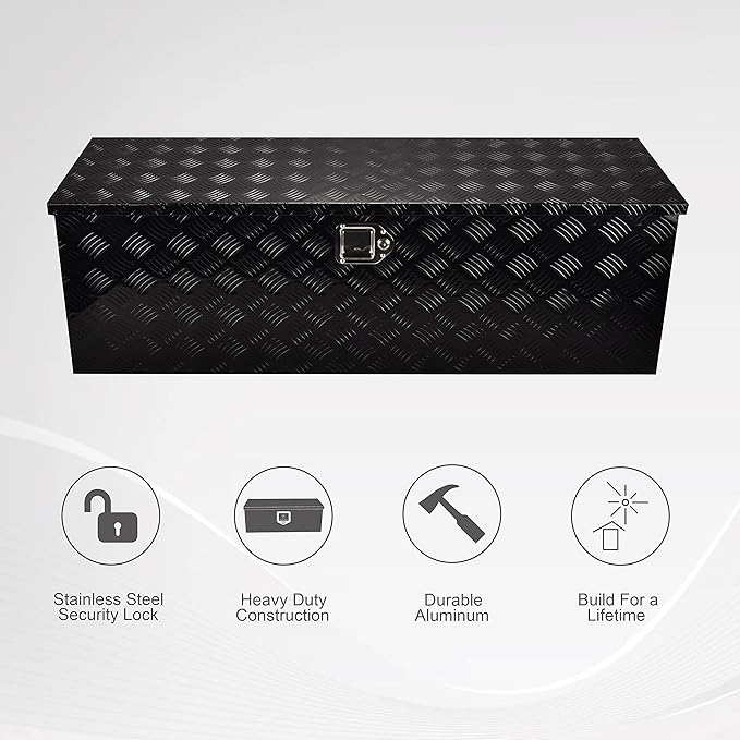 48 Inch Aluminum Heavy Duty Truck Bed Tool Box Truck Car Outdoor Trailer Pickup Underbody Toolbox, RV Storage Organizer W/Lock & Keys, 5 Bar Tread, Black (48"X15"X15")