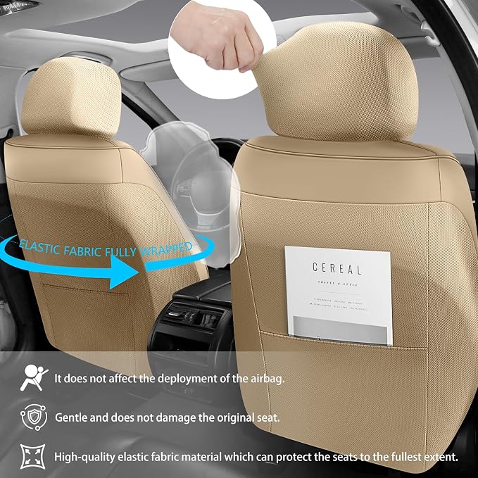 NS YOLO Universal Fit Full Coverage Leather Car Seat Covers for Cars,SUVs and Pick-up Trucks, Car Seat Protector,Automotive Seat Covers Full Set,Car Seat Cushion,Beige Seat Cover for 5 Seats