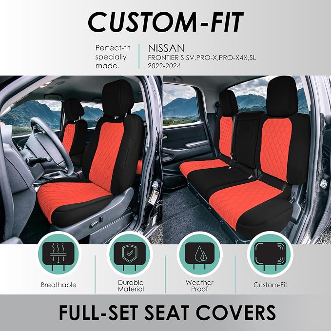 FH Group Custom Fit Car Seat Covers Specifically Made for 2022-2026 Nissan Frontier, Full Set Red Ultraflex Neoprene Waterproof Automotive Seat Covers for Pickup Truck, Nissan Accessories