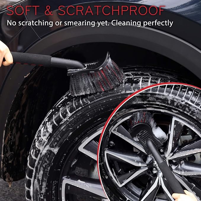 TAKAVU 17.5" Wheel Tire Body Brush Red Soft Bristle - Gentle Car Wash Brush Long Handle for Safe Tire Sidewall & Wheel Cleaning - Scratch - Free Automotive Tool