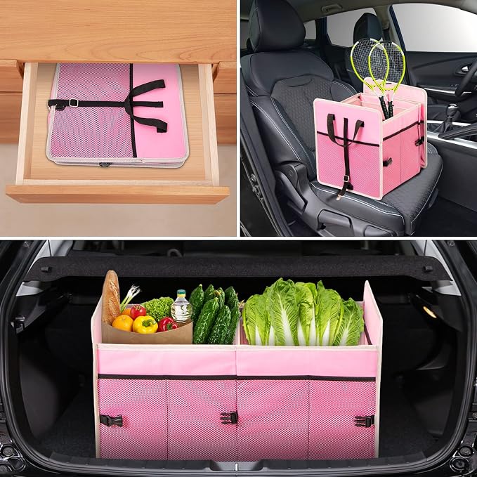 Car Trunk Organizer with Individual Cooler Bag - 2 Compartment Collapsible Car Storage for SUV (Pink)