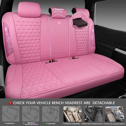 CAR PASS Bling Diamond Pink Leather Car Seat Covers Full Sets Interior Sets, Waterproof Shining Glitter Sparkly Crystal Universal Armrest Fit for Automotive Truck SUV Cute Women Girl, Pink Rhinestone