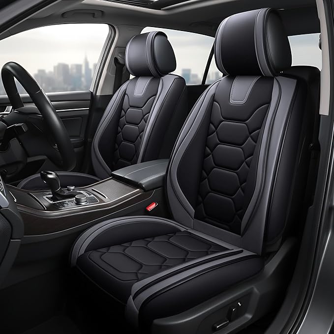 OASIS AUTO Car Seat Covers Full Set, Sporty Faux Leather with Honeycomb Pattern, Waterproof Universal Fit for SUV, Sedan, Pick-up Truck, Automotive Interior Accessories (OS-004 Black&Gray)