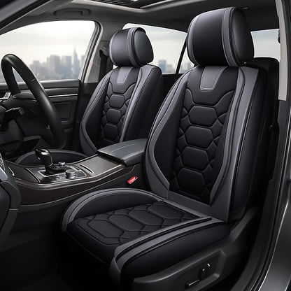 OASIS AUTO Car Seat Covers Full Set, Sporty Faux Leather with Honeycomb Pattern, Waterproof Universal Fit for SUV, Sedan, Pick-up Truck, Automotive Interior Accessories (OS-004 Black&Gray)