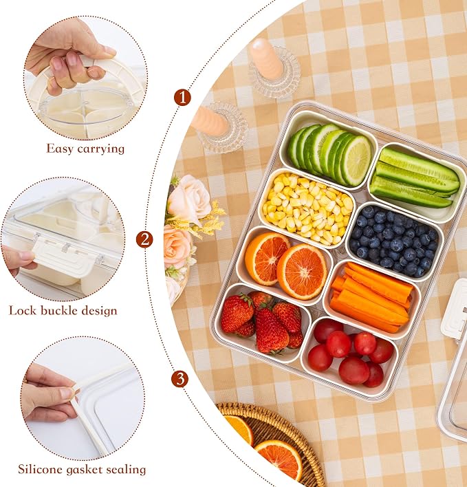 WACOI Divided Snack Serving Tray with Lid and Handle travel Snackle Box Charcuterie Container Portable Storage Organizer for Candy, Fruits, Nuts, Snacks 1Pack White