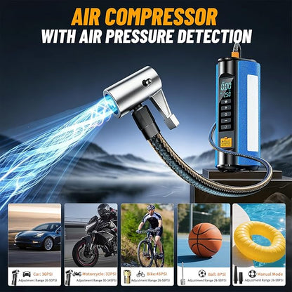 Car Battery Jump Starter with Air Compressor, 2500A Car Jumper Starter Portable150PSI, Battery Jumper Starter Portable Jump Box for Car Battery with 600LM,Jumper Cables, LCD Display