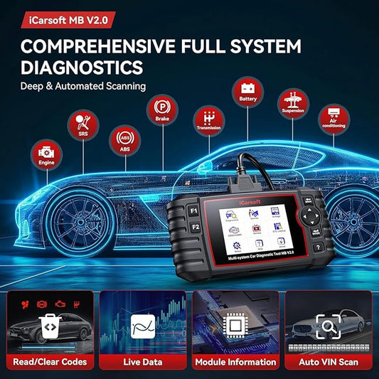 iCarsoft MB V2.0 OBD2 Scanner Diagnostic Tool for Benz/Sprinter/Smart, Full System Code Reader with 9 Resets, Auto VIN, Oil/SAS/EPB/ETC/BMS/BLD/INJ/SAS/TPMS Reset, Free Update, Live Data Battery Test