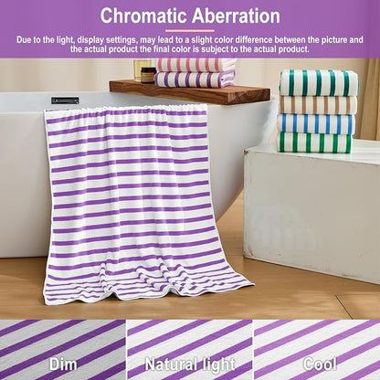 JML Microfiber Beach Towels, 6 Pack, 27" x 55", Large Bath Towel Set for Adult- Cabana Stripe - Absorbent, Quick Drying Lint-Free, No Fading for Summer Party, Pool, Sport, Yoga, Swimming, Purple