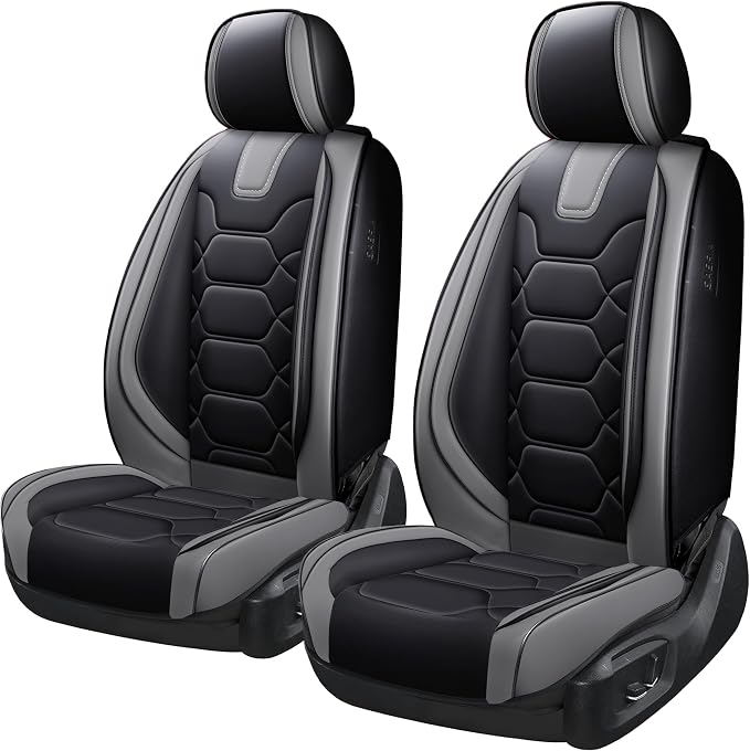 OASIS AUTO Car Seat Covers Front Seats, Sporty Honeycomb Waterproof Faux Leather Protectors, Universal Fit for SUV, Sedan, Truck Interior Accessories (OS-004 Black&Gray)