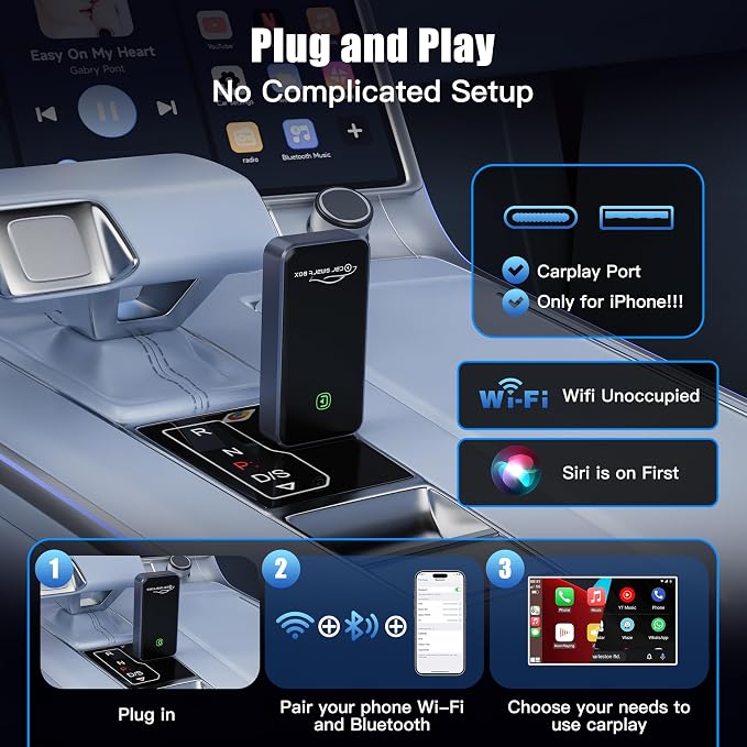 2026 Upgraded Wireless CarPlay Adapter for Apple iPhone - Convert Factory Wired to Wireless CarPlay Dongle, Plug & Play for iOS 10+ & Wired CarPlay Cars 2016+, USB & Type-C Port