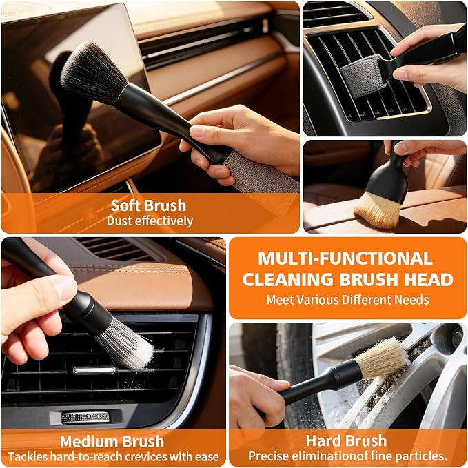 8PCS Car Detailing Brush Set, Car Interior and Exterior Soft Bristle Cleaning Brushes, Includes 4 Different Brushes, Multi-use for Auto Detailing, Dashboard, Vents, Wheels and Tires