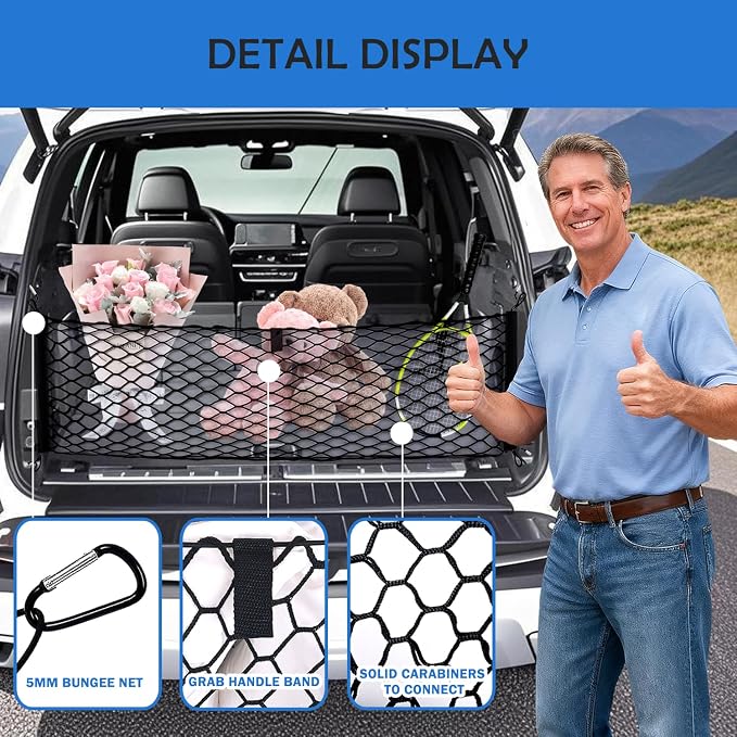 Envelope Style Cargo Net for 2021-2025 2026 Chevy Tahoe/Suburban/GMC Yukon Accessories, Rear Trunk SUV Mesh Cargo Net, Upgraded 5mm Bungee & Double-Layer Nylon Storage Netting Grocery&Tools Organizer