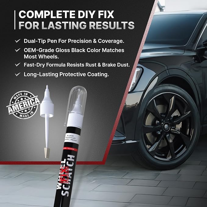 Wheel Scratch Fix® Gloss Black Magic Car Scratch Remover Pen - Alloy Wheel Touch Up Paint Pen for Cars, Curb Rash Removal with Fast-Drying & Long-Lasting OEM Finish, Vehicles Rim Repair Paint for Chip (Universal Gloss Black Wheel Paint (Pen Only))
