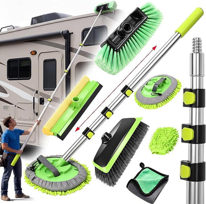 BBTO 12ft Car & RV Wash Brush Kit with Long Extendable Handle RV Car Truck Wash Kit with Hardness Brush Adjustable Chenille Mop Sponge Squeegee Tire Brushes Micro Fiber Towels Chenille Mitt for SUV