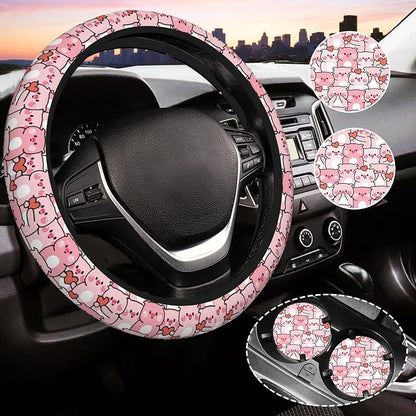 Cute Pink Pig Steering Wheel Cover for Women,Universal Auto Steering Wheel 14-15 Inch Car Interior Accessories with 2PCS Car Coasters,Suitable for Men and Women