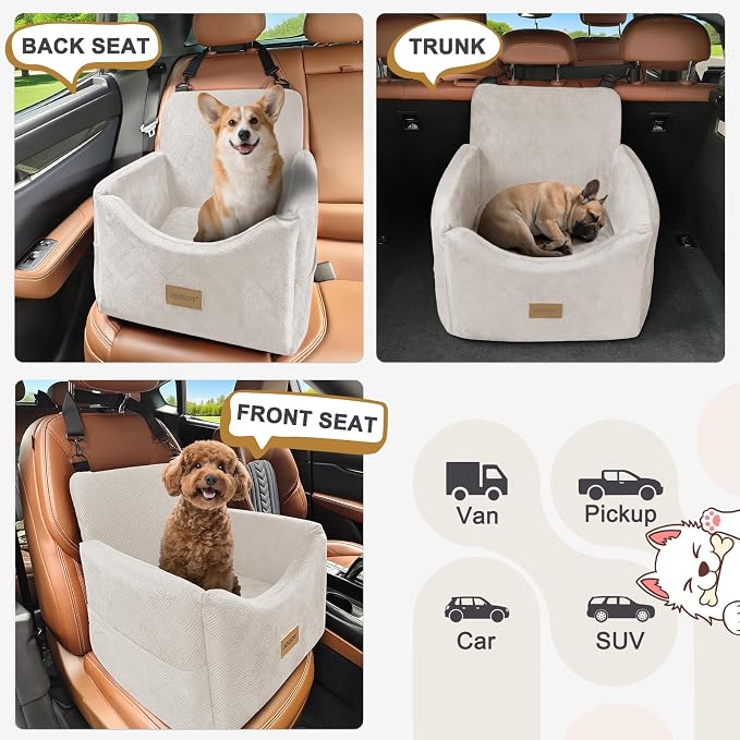 JOEJOY Dog Car Seats for Small Medium Dogs Under 35lbs, Dog Booster Seat with Detachable Washable Cover and Cushion, Memory Foam Pet Car Seat with Safety Belt and Storage Pockets (BGE)