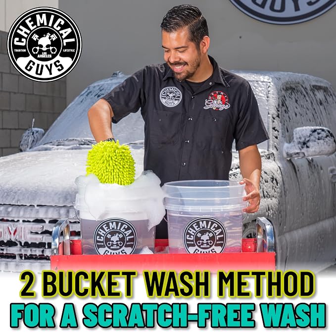 Chemical Guys Two Car Wash Bucket Kit with Dual Dirt Trap Filters, Chenille Wash Mitt, Mr. Pink, Citrus Wash, After Wash, and Drying Towel - 11 Items - Two Bucket Method Complete Setup