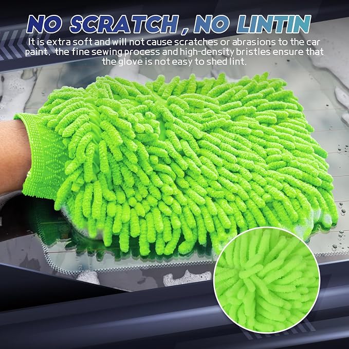 Wuyaoyao 2PCS Car Wash Mitt, 10.14"×7.12" Chenille Microfiber Car Wash Mitts, Scratch-Free & Lint-Free, Absorbent Double Sided Clean Glove for Cars Cleaning, Auto Cleaning Supplies (Fluorescent Green)