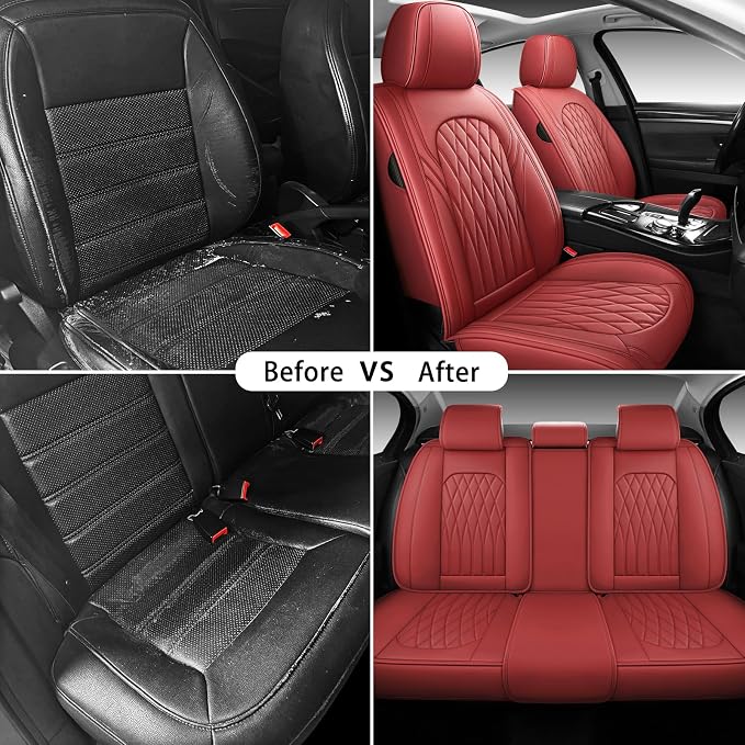 WELLDO Nappa Faux Leather Car Seat Covers Full Set, Burgundy | Waterproof, Non-Slip Seat Protector, 0.28in Thickened Cushion, Airbag Compatible, Universal for Cars SUV Truck Pickup