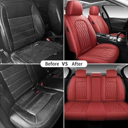 WELLDO Nappa Faux Leather Car Seat Covers Full Set, Burgundy | Waterproof, Non-Slip Seat Protector, 0.28in Thickened Cushion, Airbag Compatible, Universal for Cars SUV Truck Pickup