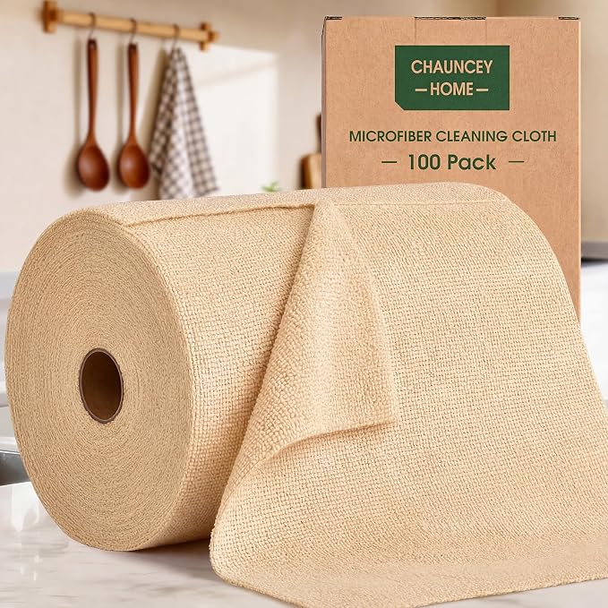 Microfiber Cleaning Cloth Roll - 100 Pack Tear Away Microfiber Paper Towels, Reusable, Washable, Scratch-Free, Kitchen Towels for Car, Home, Kitchen, Glass, Dishes (Wheat Beige)