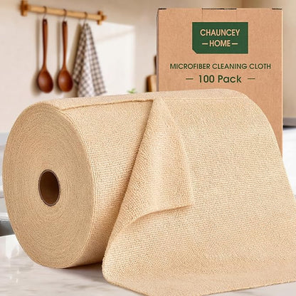 Microfiber Cleaning Cloth Roll - 100 Pack Tear Away Microfiber Paper Towels, Reusable, Washable, Scratch-Free, Kitchen Towels for Car, Home, Kitchen, Glass, Dishes (Wheat Beige)