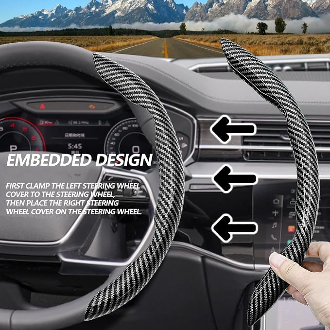 2pcs Universal Fit Carbon Fiber Steering Wheel Cover, Anti-Skid Steering Wheel Cover/Segmented Steering Wheel Protector/Car Interior Accessories (Bright Black)