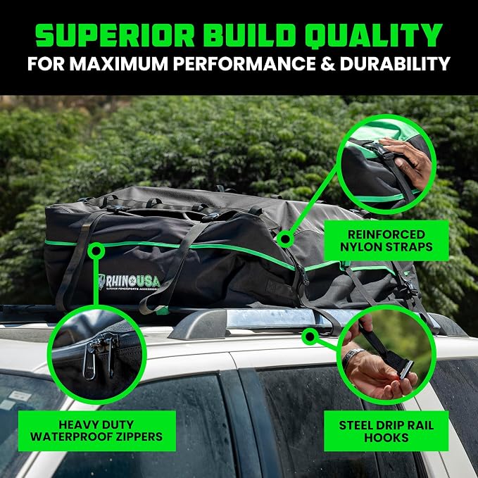 Rhino USA Rooftop Cargo Carrier for Car Storage (17.7 Cubic Feet) Heavy Duty Waterproof Roof Top Bag with Industrial Grade Zippers - Used for All Vehicle with/Without Rack Carriers - Lock Included