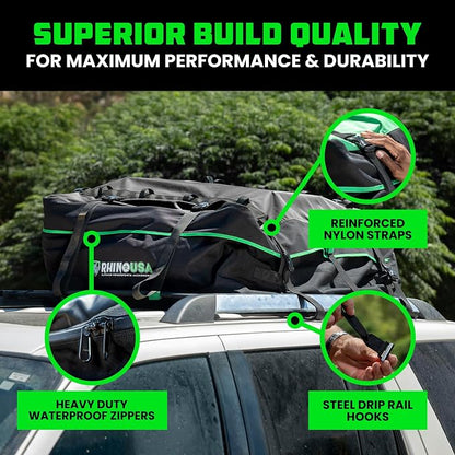 Rhino USA Rooftop Cargo Carrier for Car Storage (17.7 Cubic Feet) Heavy Duty Waterproof Roof Top Bag with Industrial Grade Zippers - Used for All Vehicle with/Without Rack Carriers - Lock Included