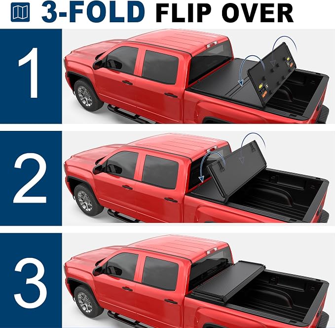 MOSTPLUS Tri-Fold Hard Truck Bed Tonneau Cover On Top Compatible for 2007-2013 Chevy/GMC Silverado Sierra 1500 3 Fold Fleetside Solid 5.8 FT