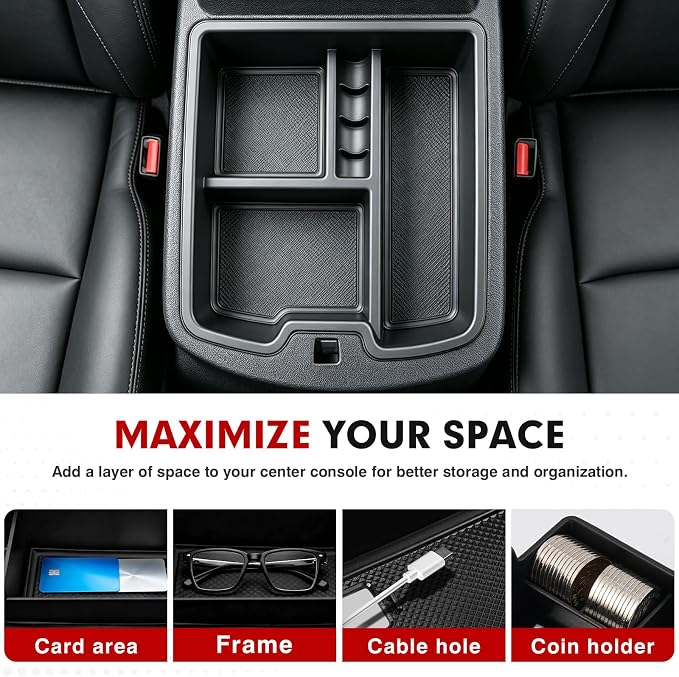 Autorder Center Console Organizer for 2007-2014 Chevrolet Silverado Avalanche Tahoe Suburban 1500 2500 GMC Sierra Yukon XL - Only Fits Floor-Mounted Center Armrest with Black & Red Mats