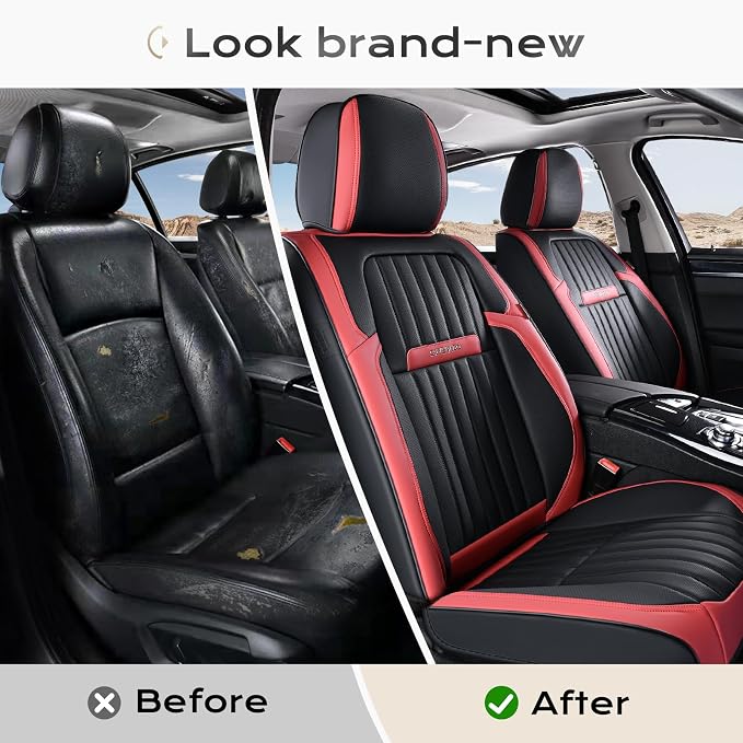 Coverado Car Seat Covers Front Seats, Seat Covers for Cars, Car Seat Protector, 2-Pack Car Seat Cushion Nappa Leather, Waterproof Seat Covers Carseat Cover Universal Fit for Most Cars(Red&Black)