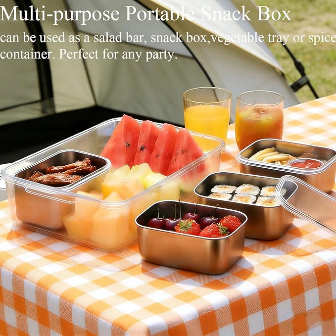 Snackle Box Container, Stainless Steel Divided Serving Tray with Lid and Handle, Large Snack Tray for Fruit Veggie Candy, 4-Compartment Snack Platter for Travel Party Beach Picnic