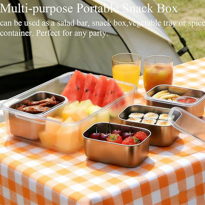 Snackle Box Container, Stainless Steel Divided Serving Tray with Lid and Handle, Large Snack Tray for Fruit Veggie Candy, 4-Compartment Snack Platter for Travel Party Beach Picnic