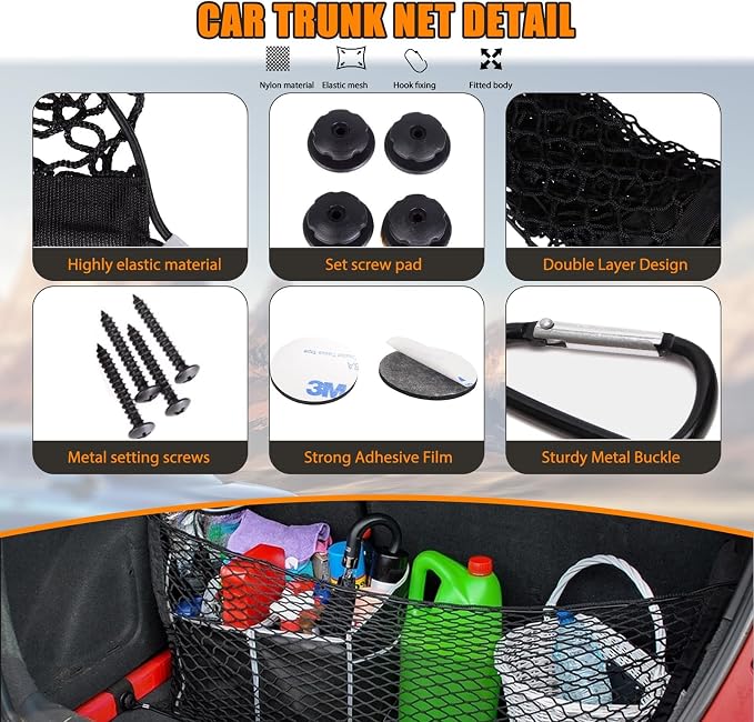 43.3” x 15.7” Cargo Net Trunk Bed Extender, Envelope Mesh Truck Bed Organizer Car Exterior Accessories, Universal Elastic Trunk Storage Net with Metal Hook